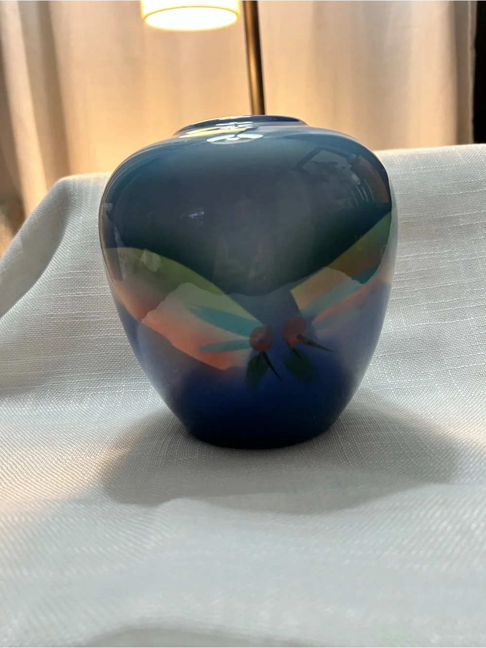 Blue Gradient Ceramic Vase with Abstract Flower Motif
